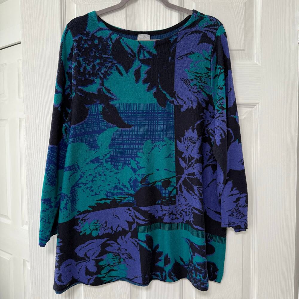 Chico's Women's Floral Double Knit Tunic Sweater Size 3